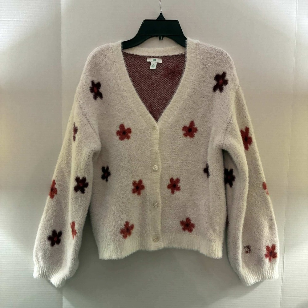 Dip Cardigan Sweater Womens L 10-12 White Floral Fuzzy Eyelash Knit Flower Cozy